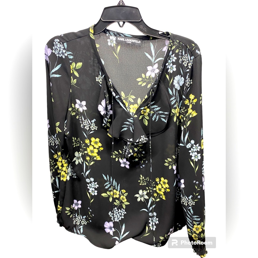KARL LAGERFELD black floral ruffle blouse w tie neck size L